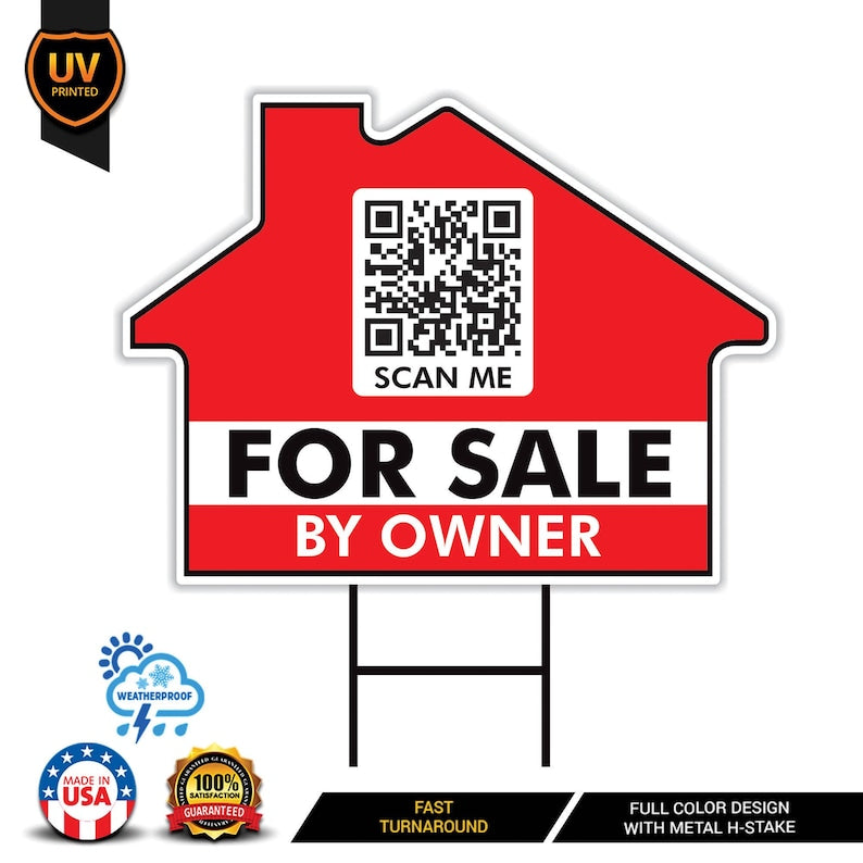 Custom for Sale by Owner Yard Sign 18" x 24", 2 Sided QR CODE Real Estate Lawn Sign Personalized for Sale by Owner Signs with Metal H-Stake