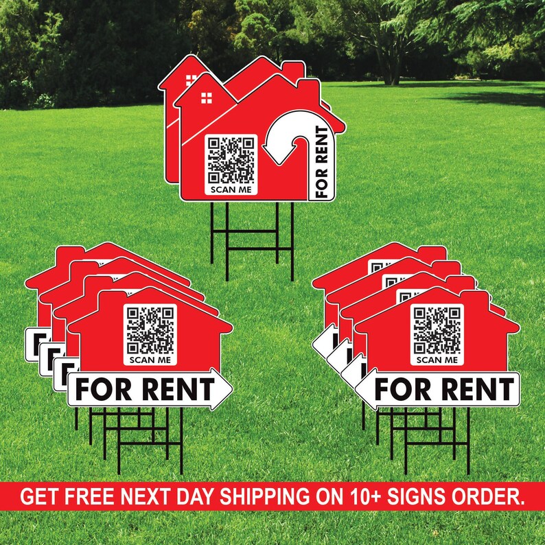 10 Pack Custom for Rent Arrow Yard Sign 18" x 24", 2 Sided QR CODE Real Estate, Personalized For Rent Directional Signs with Metal H-Stake