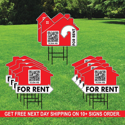10 Pack Custom for Rent Arrow Yard Sign 18" x 24", 2 Sided QR CODE Real Estate, Personalized For Rent Directional Signs with Metal H-Stake