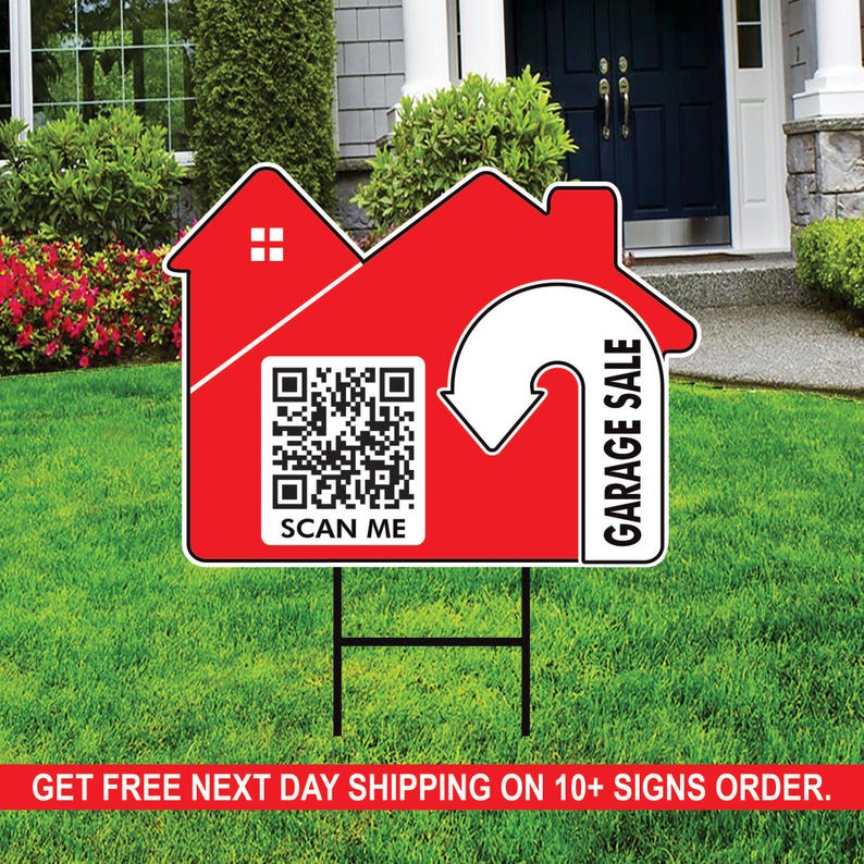 10-Pack Custom Garage Sale Arrow Yard Sign 18" x 24", 2-Sided QR CODE Real Estate, Personalized Directional Signs with Metal H-Stake