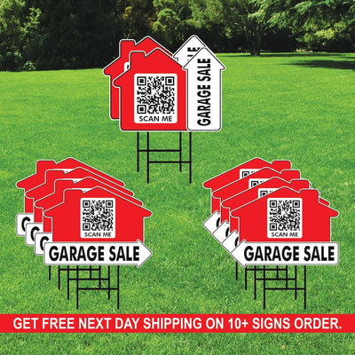 10-Pack Custom Garage Sale Arrow Yard Sign 18" x 24", 2-Sided QR CODE Real Estate, Personalized Directional Signs with Metal H-Stake